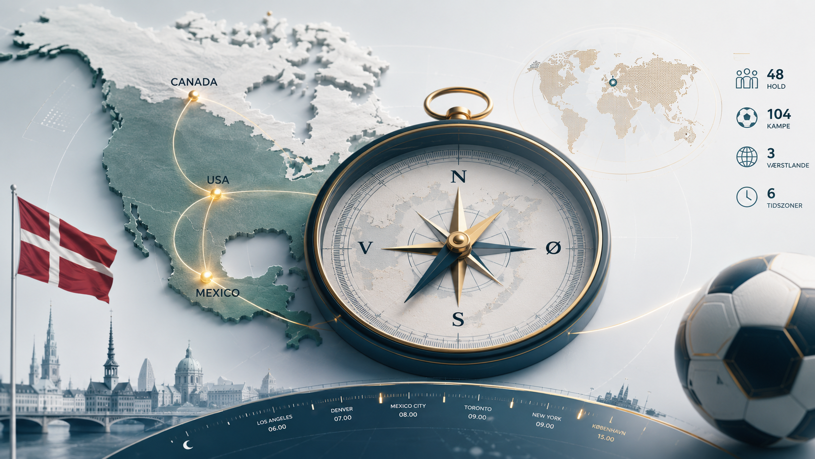 Illustration af VM 2026 som et kompas set fra dansk perspektiv med USA, Canada og Mexico som værtslande.