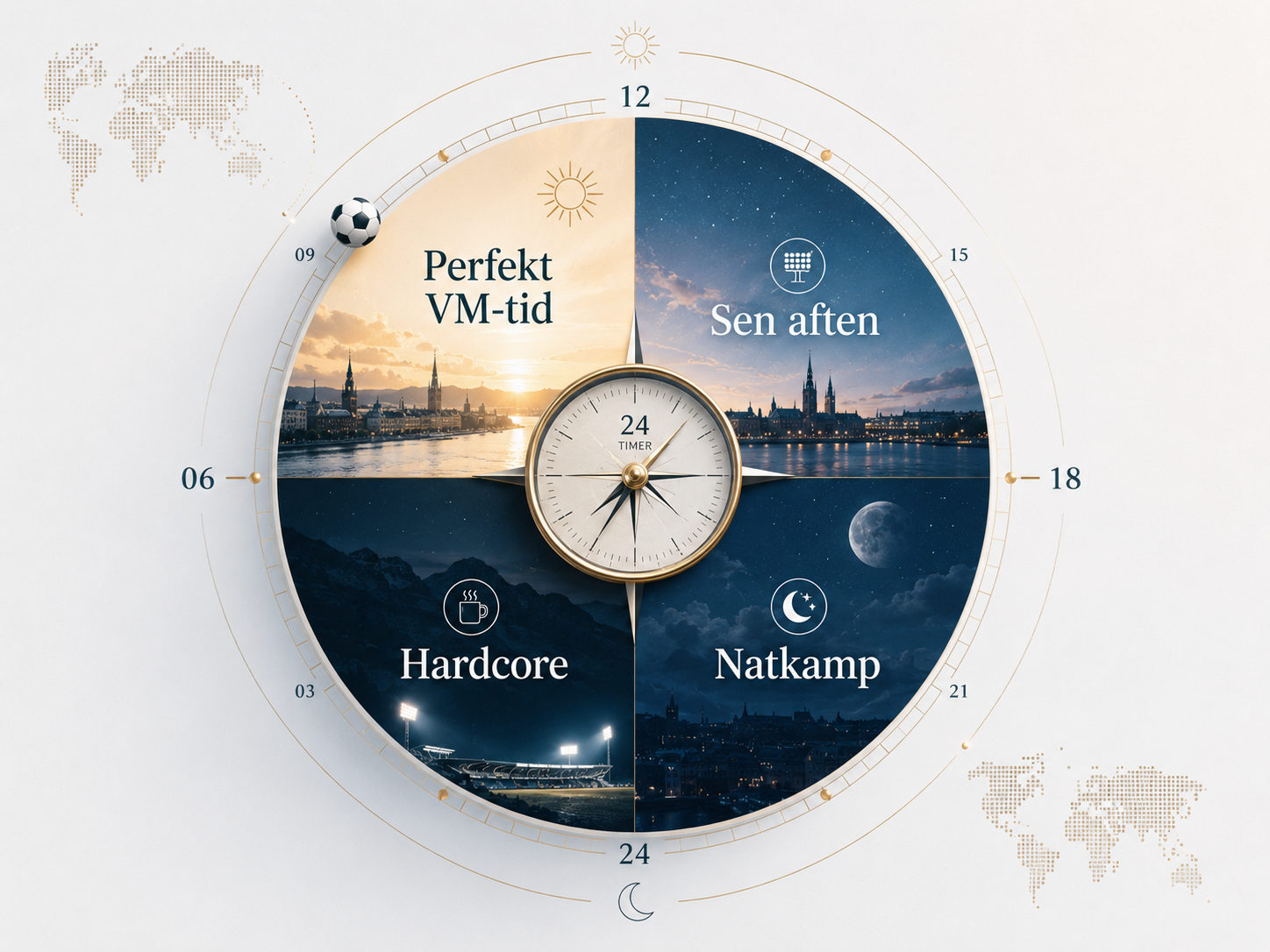 Dansk tid-kompas for VM 2026 med kategorierne perfekt VM-tid, sen aftenkamp, natkamp og hardcore.