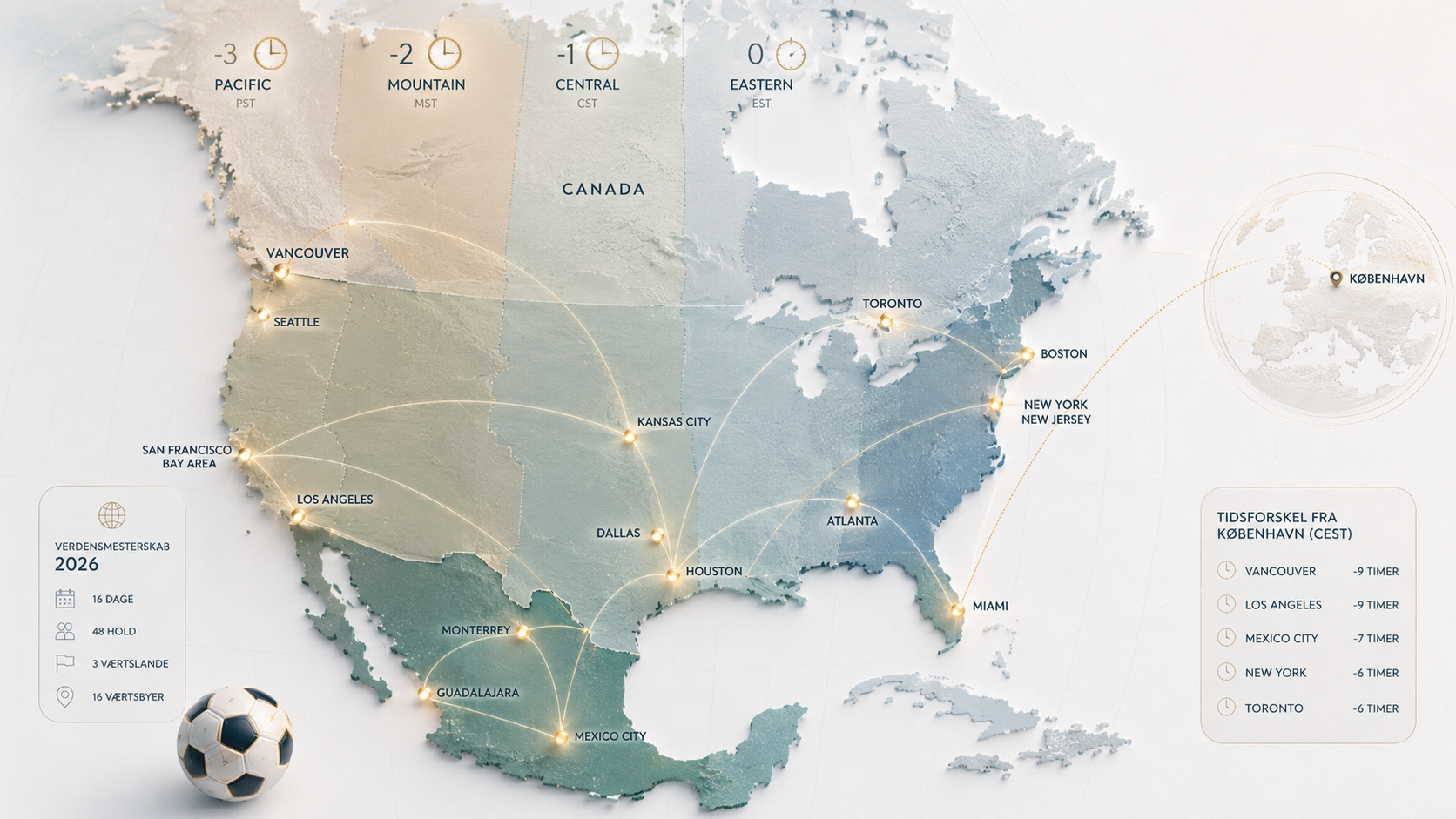 Stiliseret kort over USA, Canada og Mexico med VM 2026-værtsbyer og tidszoner set fra dansk perspektiv.