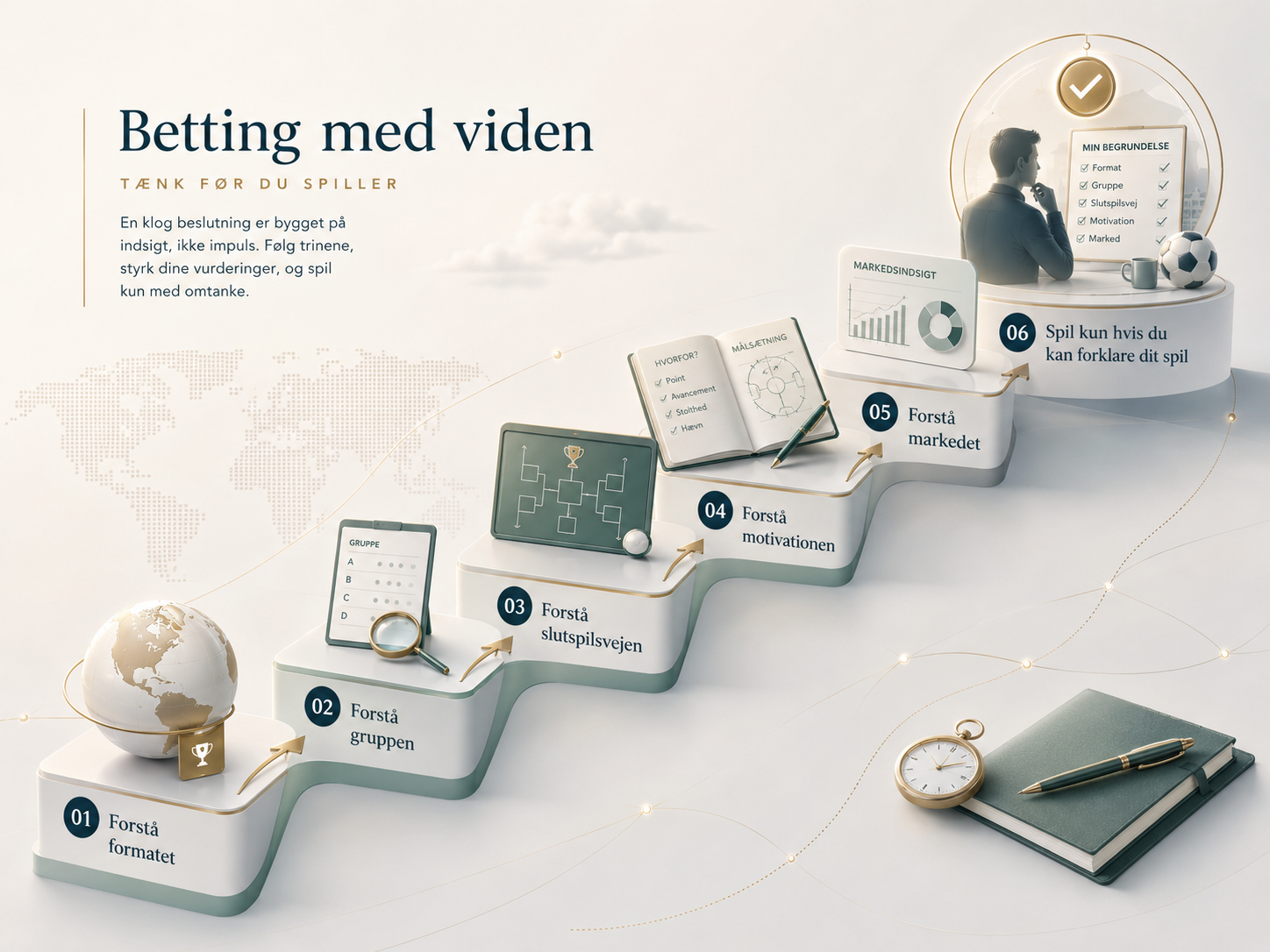 Beslutningstrappe for betting med viden ved VM 2026 med fokus på format, grupper, slutspilsvej, motivation og marked.