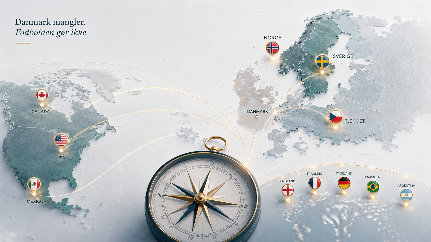 Illustration af dansk og nordisk vinkel ved VM 2026 med fokus på Norge, Sverige, Tjekkiet og de store VM-fortællinger.
