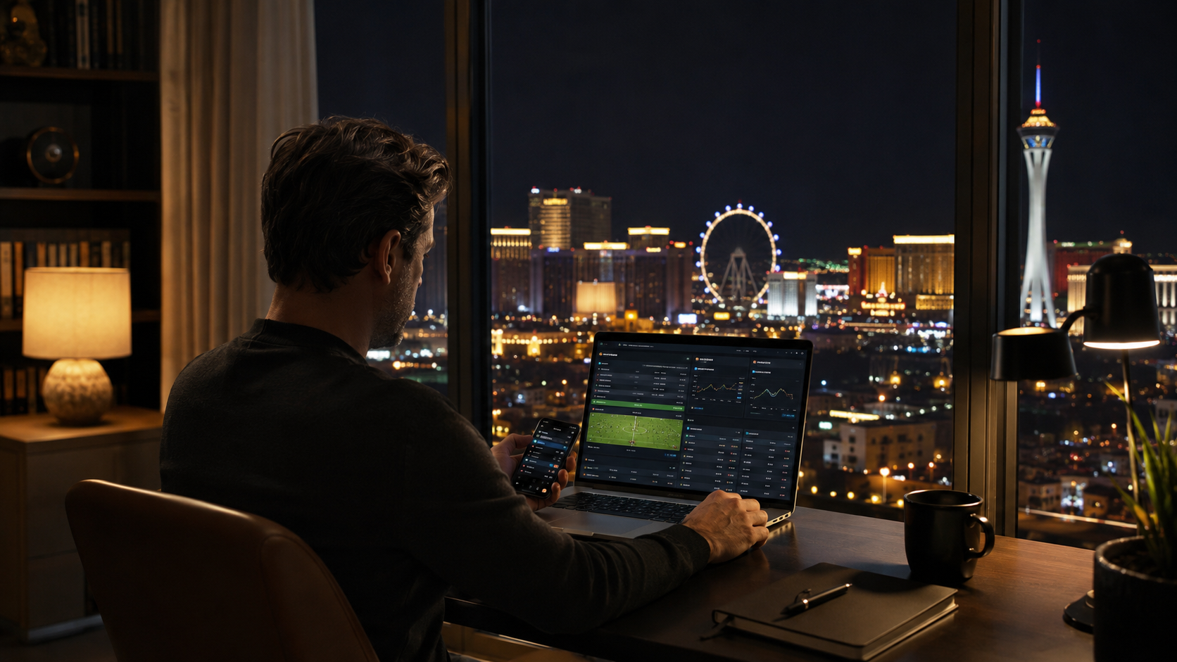 Person ved computer med Las Vegas-stemning udenfor vinduet
